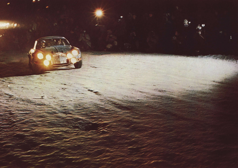 An Alpine A110 on its way to a 1-2-3 victory at the ‘71 Monte Carlo Rally. Original Elf publicity shot scanned by Automobiliac.